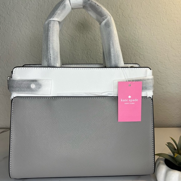 NWT ♠️ Kate Spade Medium Staci Satchel Colorblock Nimbus Grey with Pom - Picture 4 of 11